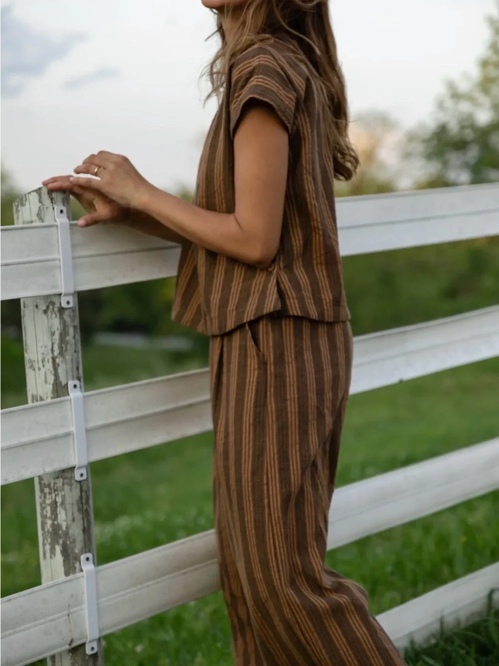 Liz Alig Striped Two-Piece Wide-Leg Set in Brown and Mustard - Picture 9 of 13
